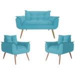 Conjunto Namoradeira + 02 Poltrona Amanda Para Sala Estar Recepção Suede Azul Turquesa